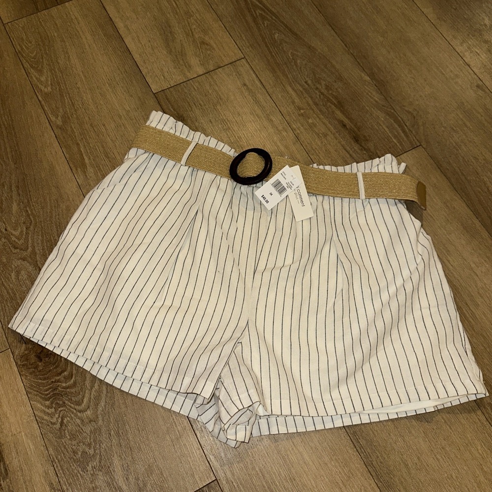 No Comment Plus Paper Bag Ivory Stripe Lined Short With Belt - Women's Size‎ 3X